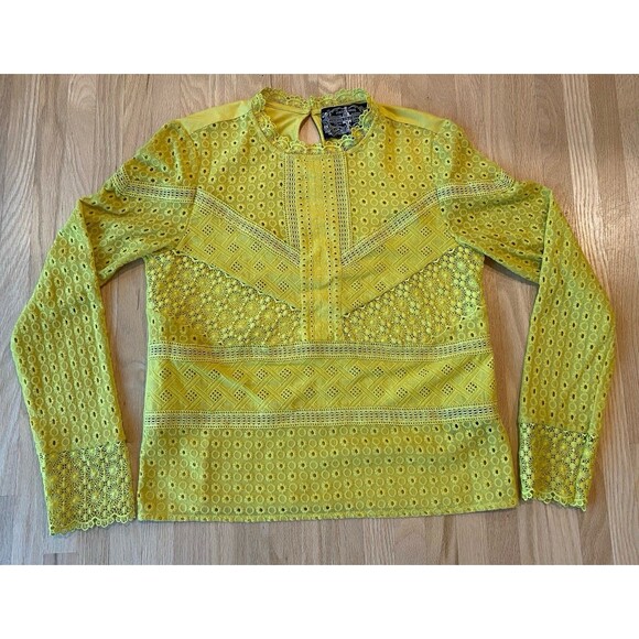 James Coviello Anthropologie Long Sleeve Yellow Victorian Eyelet Lace Top XS - Picture 1 of 6